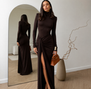 Vestido Longo Com Gola Alta Drapeado - Serena