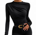 Blusa Feminina Manga Longa com Gola Assimétrica Drapeada