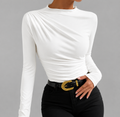 Blusa Feminina Manga Longa com Gola Assimétrica Drapeada