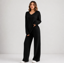 Conjunto Feminino de Duas Peças com Blusa Canelada de Manga Longa, Decote em V e Calça Reta