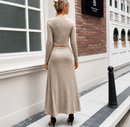 Conjunto Feminino Canelado com Blusa Gola Canoa e Saia Longa Evasê
