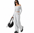 Conjunto Feminino Canelado Decote Canoa com Calça Pantalona
