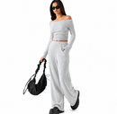 Conjunto Feminino Canelado Decote Canoa com Calça Pantalona