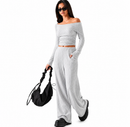 Conjunto Feminino Canelado Decote Canoa com Calça Pantalona