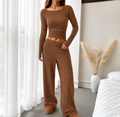 Conjunto Feminino Canelado Decote Canoa com Calça Pantalona