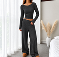Conjunto Feminino Canelado Decote Canoa com Calça Pantalona